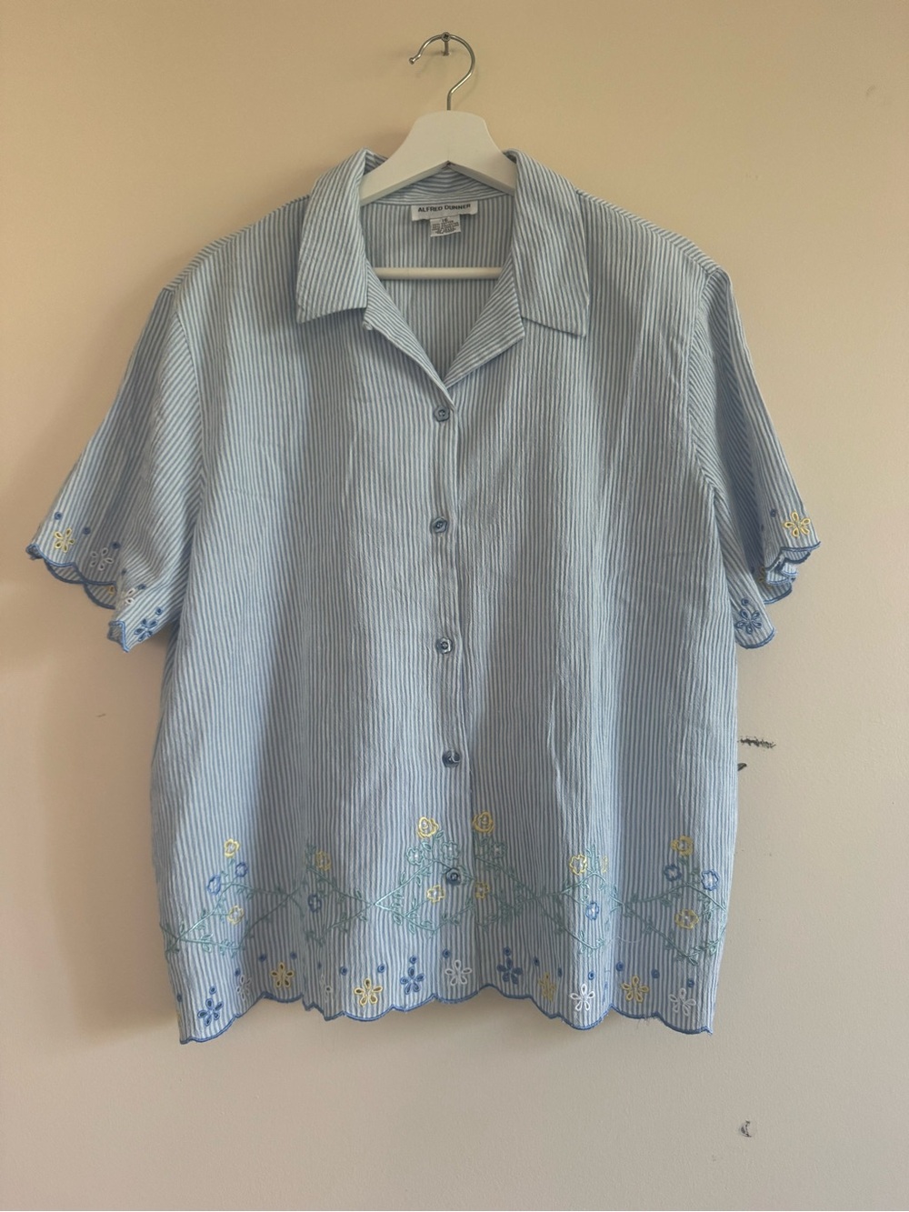 Alfred Dunner Blue Pinstripe Embroidered Short Sleeve Button Shirt